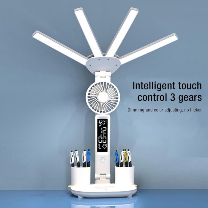 LÁMPARA LED DE ESCRITORIO CON VENTILADOR INTEGRADO - TÁCTIL Y AJUSTABLE